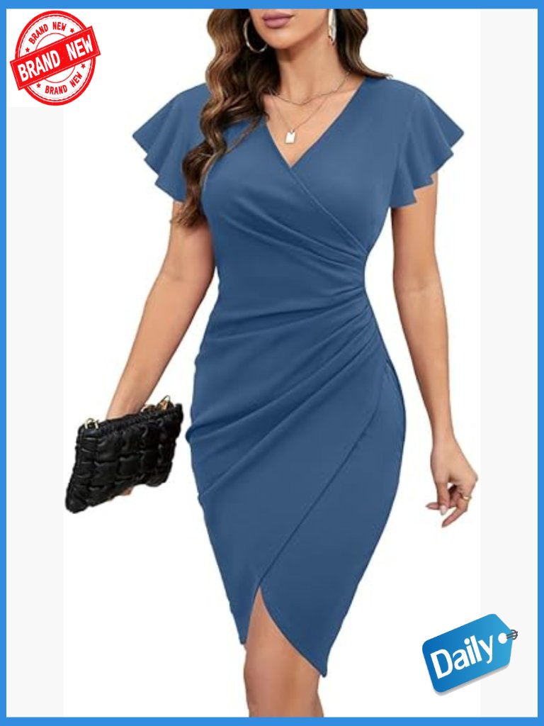 V Neck Ruffle Sleeve Faux Wrap Ruched Bodycon Cocktail Work Dress